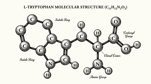 The L-tryptophan molecular structure diagram shows a detailed illustration of the amino acid composition and chemical bonds in a laboratory setting.