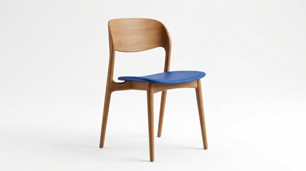 Fototapeta premium Minimalist wooden chair with blue seat on white background in modern interior setting