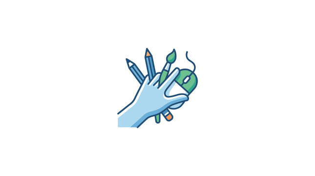 Creative Hand Holding Art Tools and Computer Mouse - Design Concept