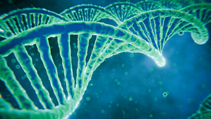 Obraz premium Sparkling 3D DNA Double Helix Illustration with Glowing Green Strands on Blue Background