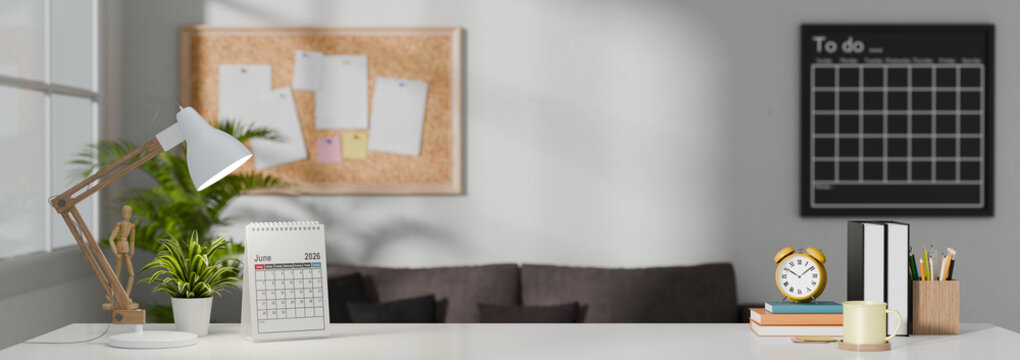 3D Illustrations of Organized Home Office Workspace with Calendar, Lamp, Clock and Corkboard on White Desk