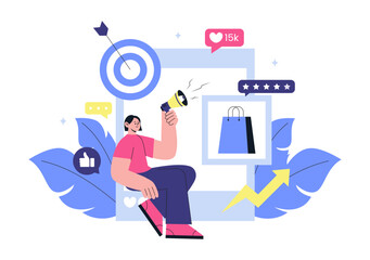 Obraz premium Influencer Marketing Illustration Featuring Social Media Promotion, Brand Endorsement, Digital Advertising, Audience, and Online Growth Strategy