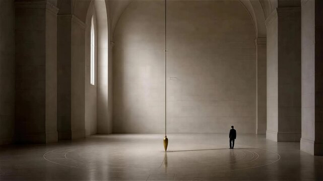 Solitude in Grandeur: A lone figure stands in an immense, softly lit hall, emphasizing a sense of scale and introspection. The architectural space dwarfs the individual.