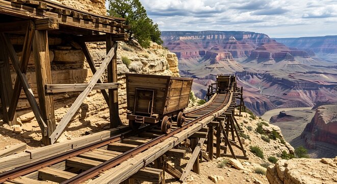 Old mining cart on tracks overlooking vast canyon landscape scenery