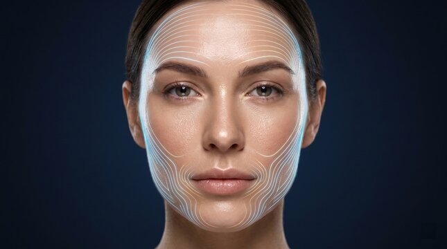 3D facial mapping and topology lines on woman face for digital skin analysis