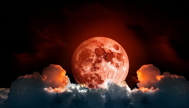 Lunar Eclipse Or Blood Full Moon With Clouds