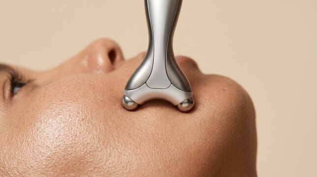Close up of 3D facial roller massaging woman cheek for skin lifting and contouring