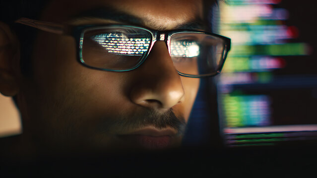 Close-up of a man wearing glasses reflecting computer code in a dark room.