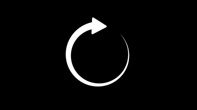 Animated white circular arrow icon on a black background, representing refresh, reload, or cycle.Animated rotating circular arrow for loading process update and refresh