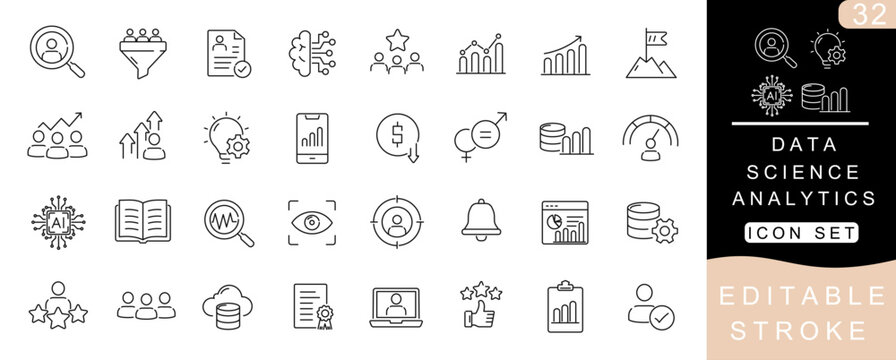 Data Science Analytics Line Icon Set &ndash; Machine Learning, Predictive Analytics, Big Data, AI Insights, Dashboard and Business Intelligence Editable Stroke Vector Icons