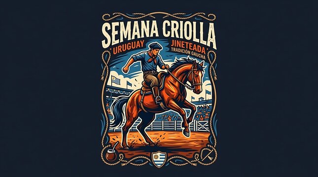 Uruguay Semana Criolla Gaucho Riding Horse Vintage Illustration
