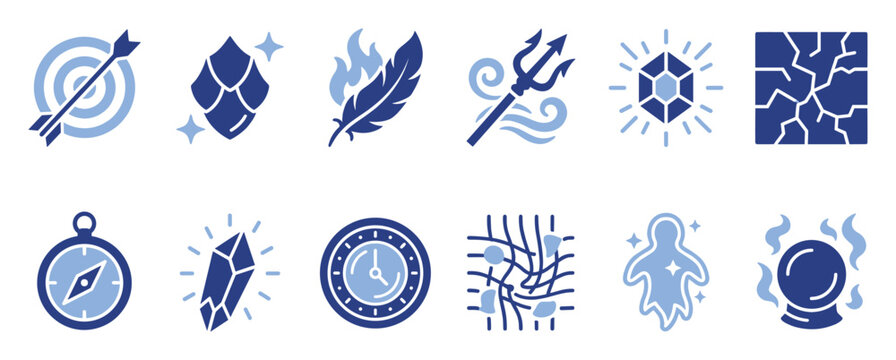 Set of blue magic and fantasy themed icons featuring mystical symbols like crystals, a trident, clock, and compass, ideal for game development, app interfaces, or digital graphic designs