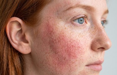 Naklejka premium Close-up profile of young woman with red hair and freckles showing skin redness and rosacea on cheek