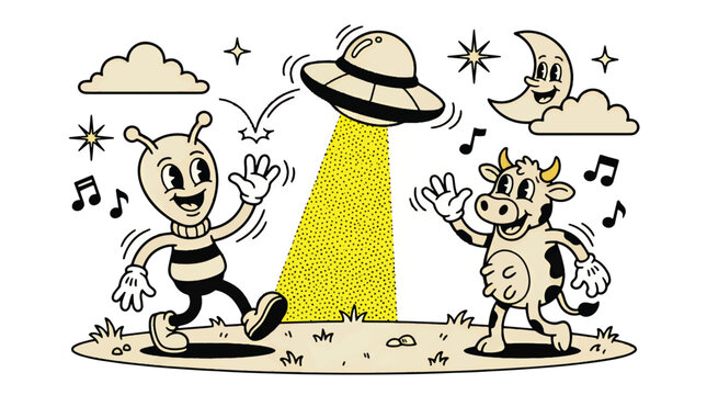Retro Cartoon Bee and Cow Dancing Under Ufo Beam and Moon