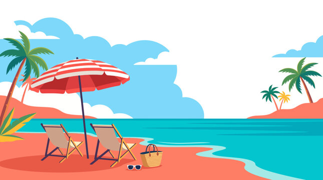 Summer beach scene with deck chairs, umbrella, and palm trees