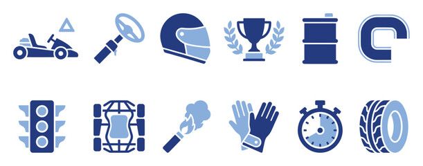 Fototapeta premium Set of gokart racing themed blue icons featuring kart helmet trophy and track elements suitable for sports related projects or applications