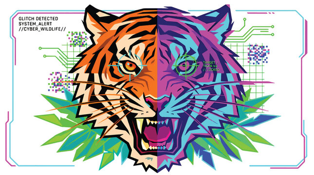 Glitch Detected Cyber Wildlife System Alert Futuristic Tiger