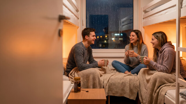 Young friends share warm drinks in cozy hostel bunk room during rainy night creating relaxed social travel lifestyle scene for student housing friendship hospitality youth community getaway mood