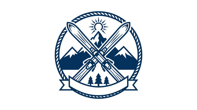 Vintage Skiing Emblem with Crossed Skis and Mountain Landscape