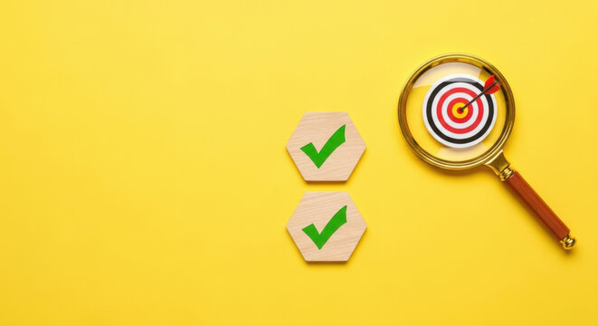Targeting Magnifying Glass Showing Goals, Business Management and Financial Planning Strategy Concept Aiming for Results, Success, and Perfection