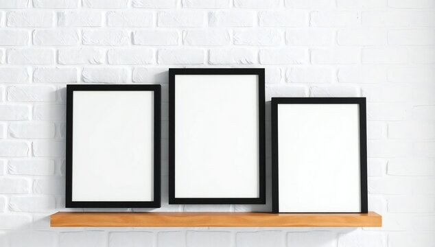 Three black picture frames on a wooden shelf against a white brick wall