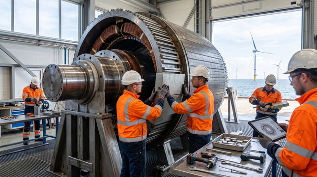 Engineers working on offshore wind turbine core integrating rare earth neodymium magnets for supply solutions