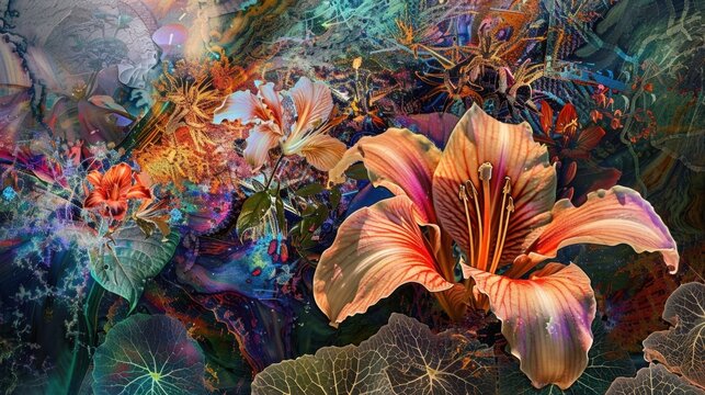 A dreamlike, surreal composition blending art nouveau-inspired still life with lilies, caladiums, irises, and roses set against a flowing, varnish-glossed valley of color. Cinematic lighting and high