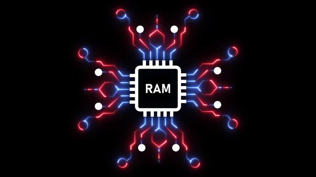 Ram memory chip concept with glowing digital circuitry animation on black background, random access memory