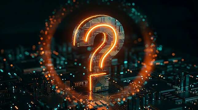 Glowing orange digital question mark with circuit board details and light particles, representing tech support and complex data problems