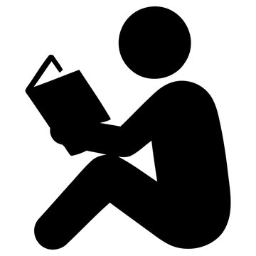 Simple vector illustration of a stylized person sitting on the floor while holding an open book and focusing on reading literature for education