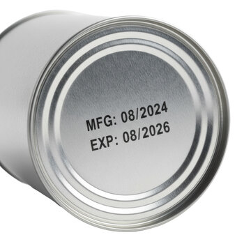 A silver aluminum food can's base and lower rim, with brushed texture and stamped "MFG: 08/2024, EXP: 08/2026", on white background with copy space, clean product quality control concept