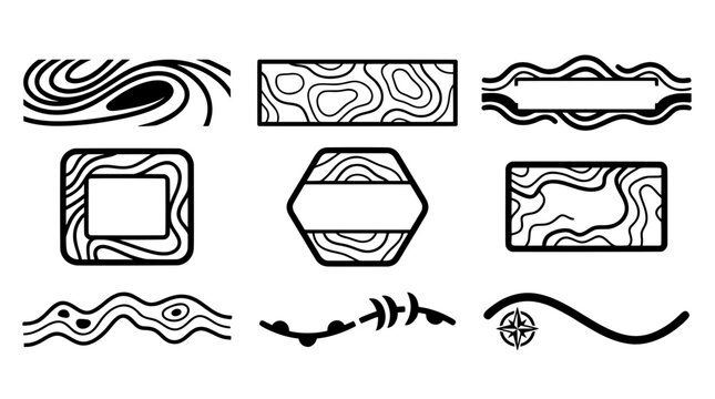 Collection of black hexagonal topographic contour banners, isobar map stream frames, compass vector elements, and wavy lower thirds for UI web design