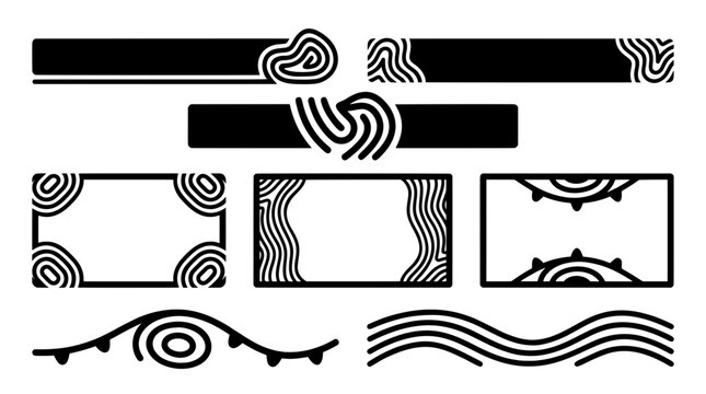 Set of solid black contour stream banners, isobar map overlay frames, and wavy topographic line vector elements for gaming UI and modern web design