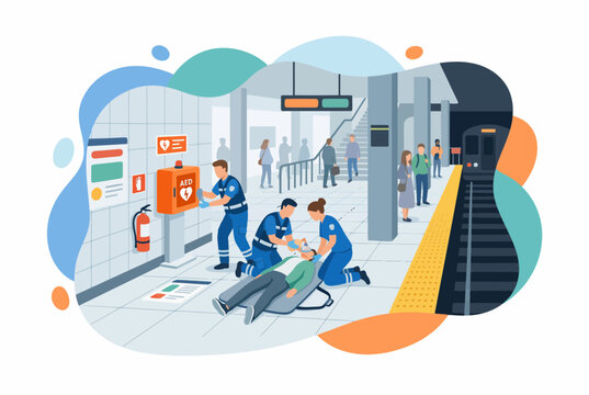 Emergency Paramedics Performing CPR with AED at Subway Station
