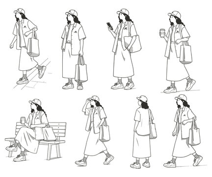 Urban Streetwear Woman Pose Set Illustration