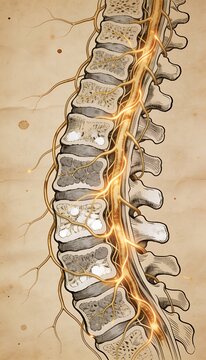 Vintage medical illustration of human spine with glowing nerves representing neural signals and back health