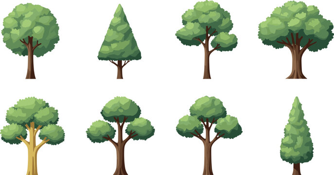 Flat Cartoon Green Tree Collection with Various Shapes Including Pine and Oak for Nature, Environment, and Landscape Design Projects