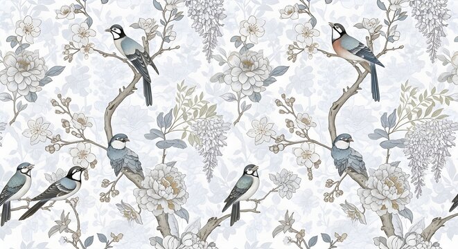 Vintage chinoiserie wallpaper with birds and flowers, elegant floral pattern in muted blue and grey tones, classic botanical illustration for interior decor