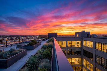 Obraz premium A modern rooftop garden on an urban loft building with a dramatic and colorful sunset city view