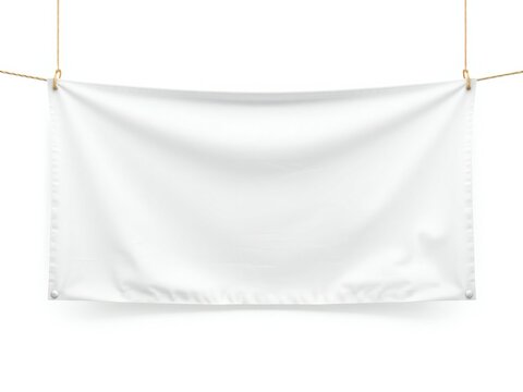 A white fabric banner hanging from a string with two gold rings