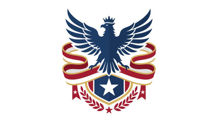 Fototapeta premium Blue eagle crest with star and patriotic red ribbons.