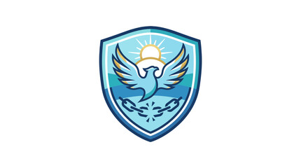 Fototapeta premium Blue shield emblem with eagle and sun mascot.