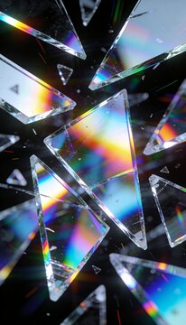 Abstract Shattered Glass Shards Exploding in Dark Space with Vibrant Rainbow Prism Refractions