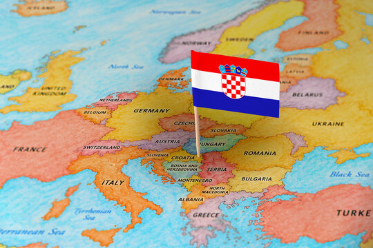 Croatia flag pin marking Croatia on Europe map, travel destination concept