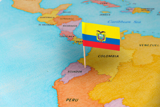 Ecuador flag pin marking Ecuador on South America map, travel destination concept