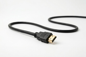 Fototapeta premium Black multimedia hdmi video cable with a gold connector on a white surface