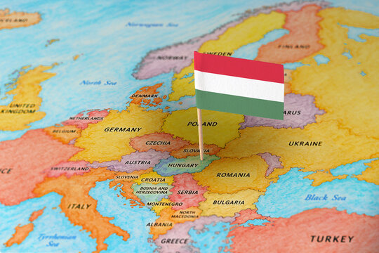 Hungary flag pin marking Hungary on Europe map, travel destination concept