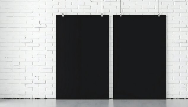 Two large black canvases hanging on a white brick wall