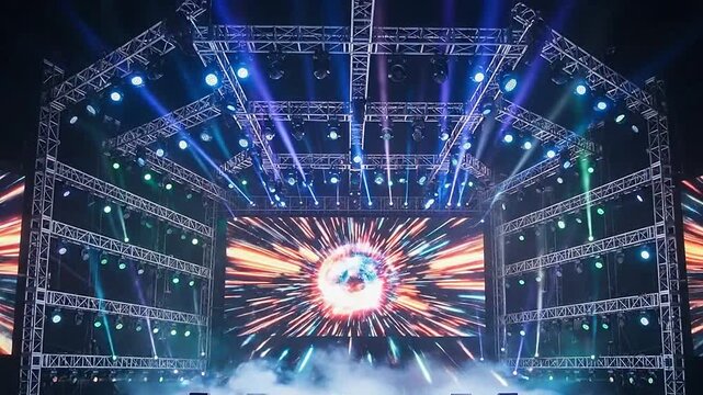 A vibrant stage setup features bright spotlights and a large digital screen display