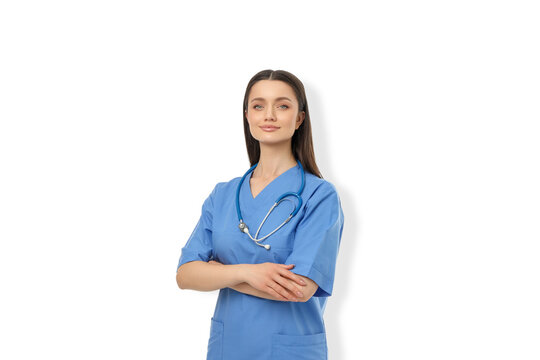 Smiling healthcare worker with arms crossed, isolated, PNG